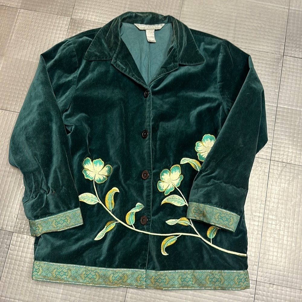 JESSICA HOLBROOK EASY CARE GREEN VELVET WOMENS FLORAL EMBROIDERED JACKET SMALL